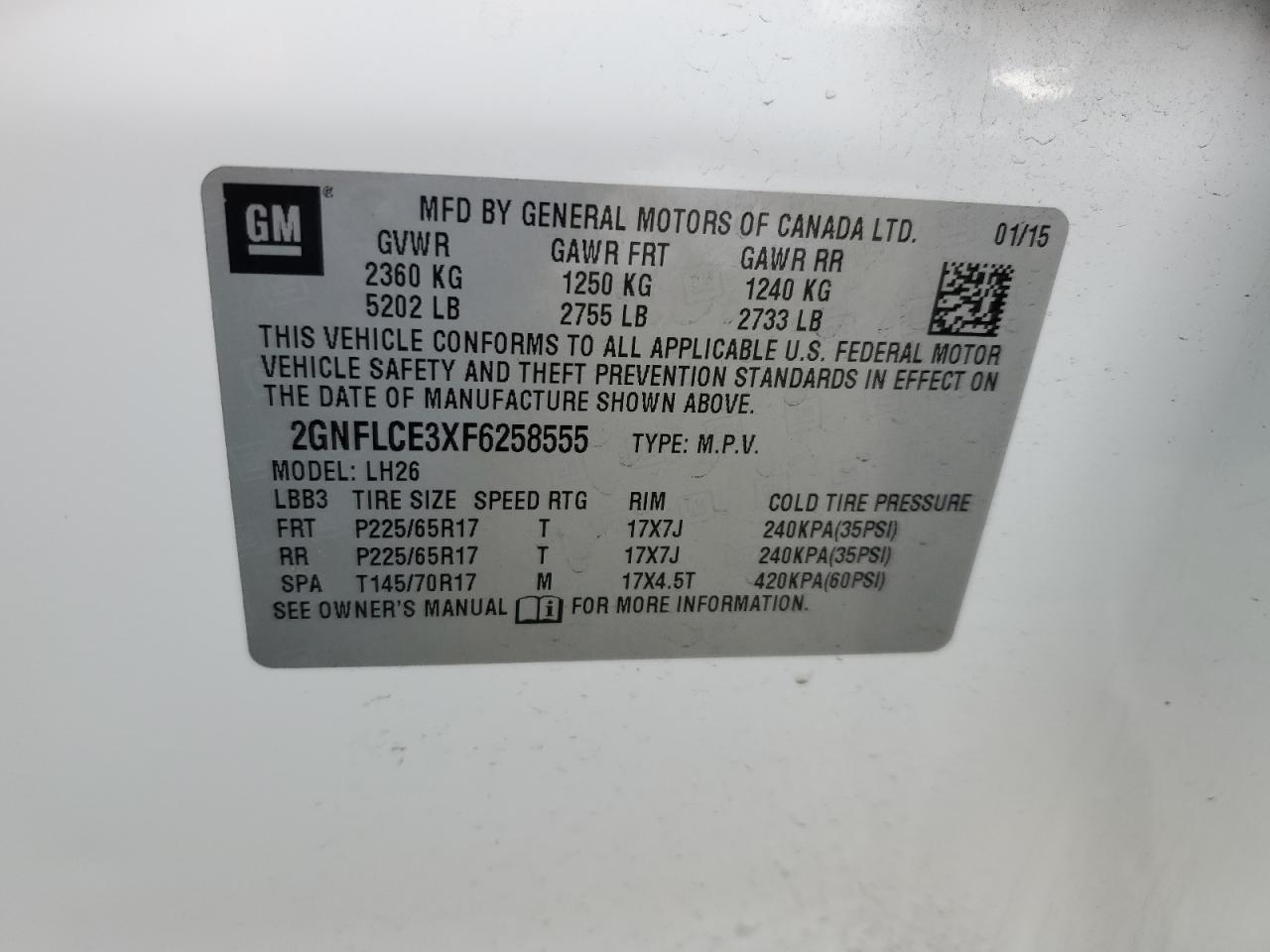 2015 Chevrolet Equinox Lt VIN: 2GNFLCE3XF6258555 Lot: 65521415