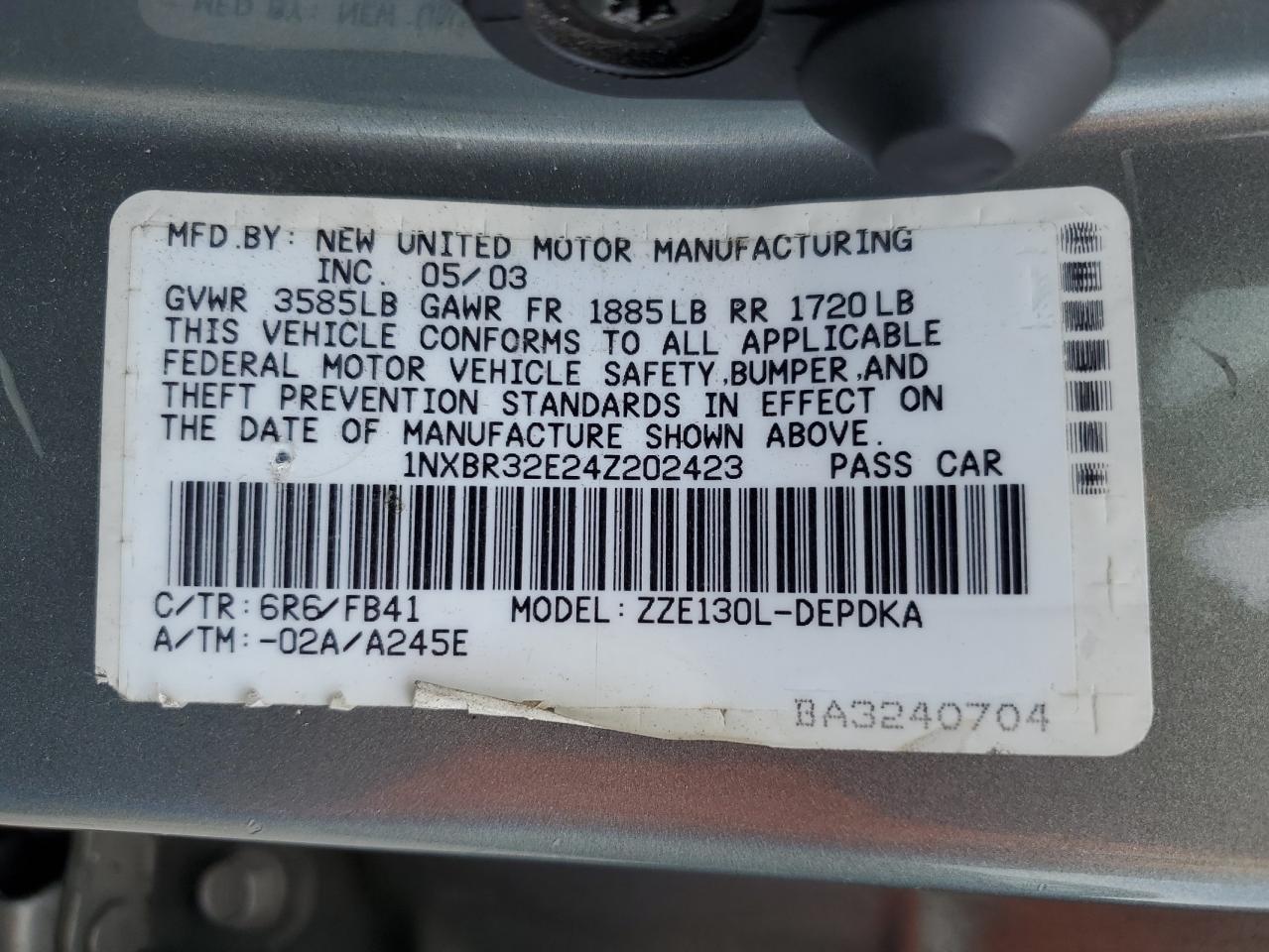 2004 Toyota Corolla Ce VIN: 1NXBR32E24Z202423 Lot: 64747225
