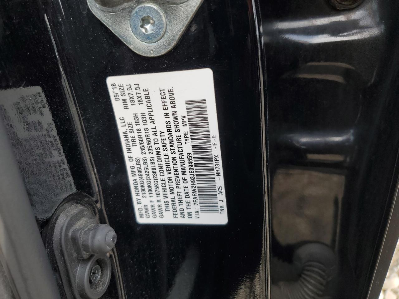 2018 Honda Cr-V Touring VIN: 7FARW2H93JE094659 Lot: 64544195