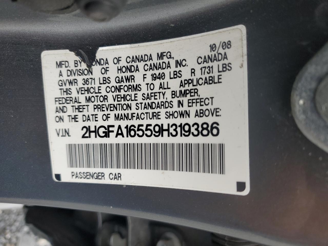 2009 Honda Civic Lx VIN: 2HGFA16559H319386 Lot: 64203565