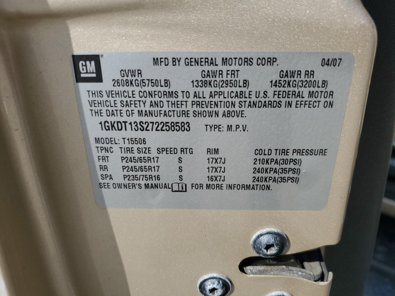 1gkdt13s272258583 1GKDT13S272258583 2007 GMC Envoy