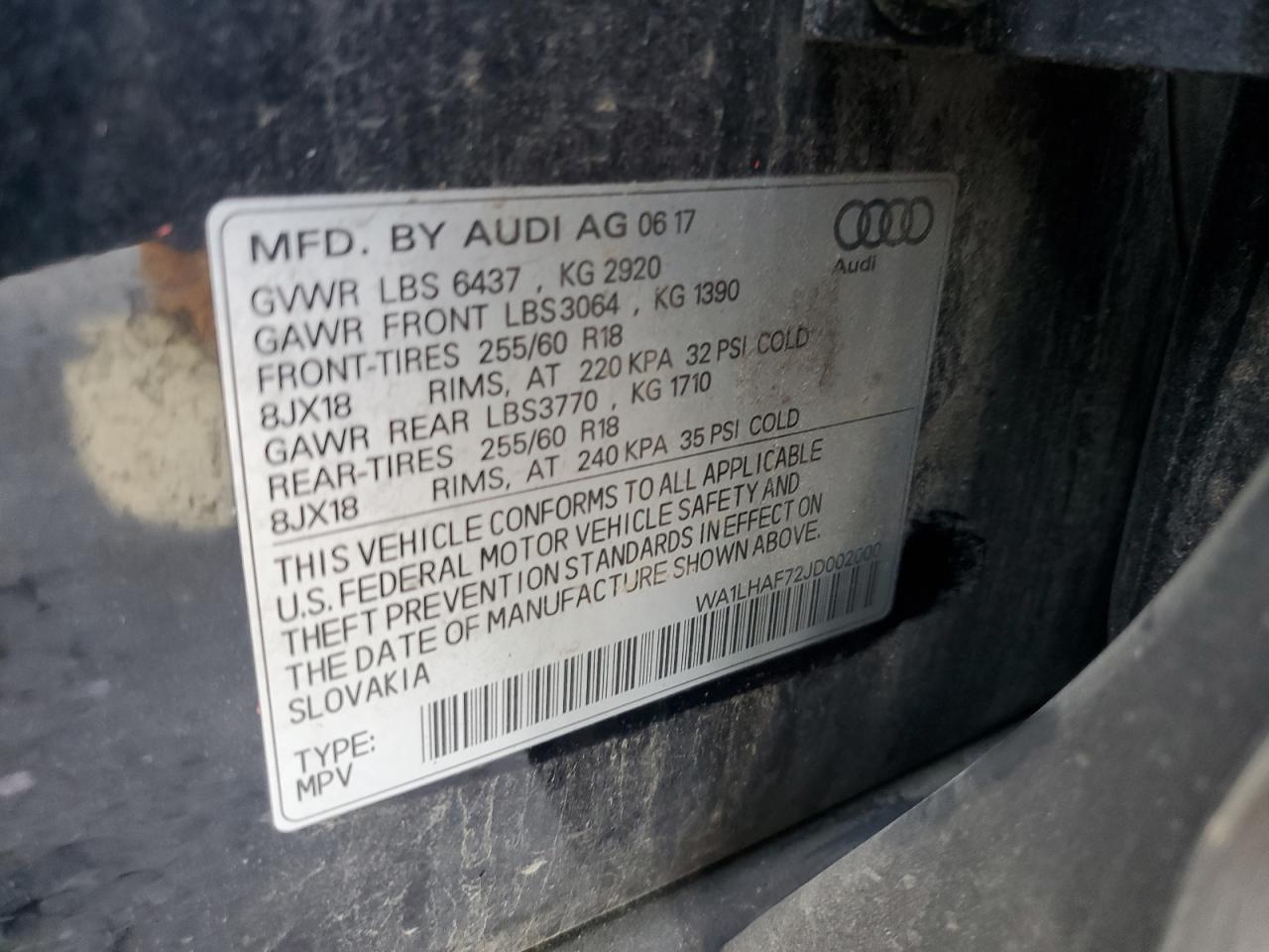 2018 Audi Q7 Premium Plus VIN: WA1LHAF72JD002000 Lot: 64966075