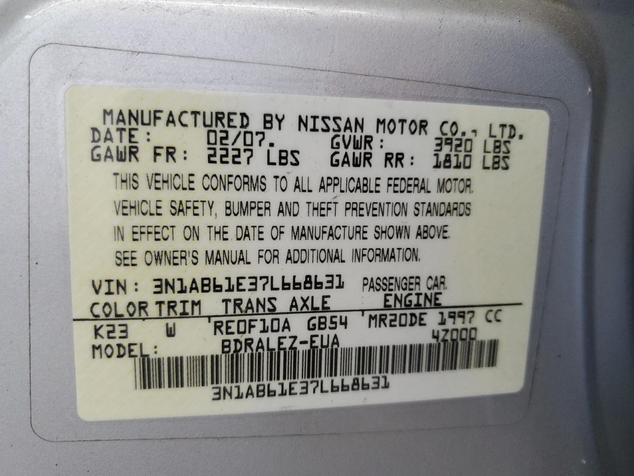 2007 Nissan Sentra 2.0 VIN: 3N1AB61E37L668631 Lot: 64216925