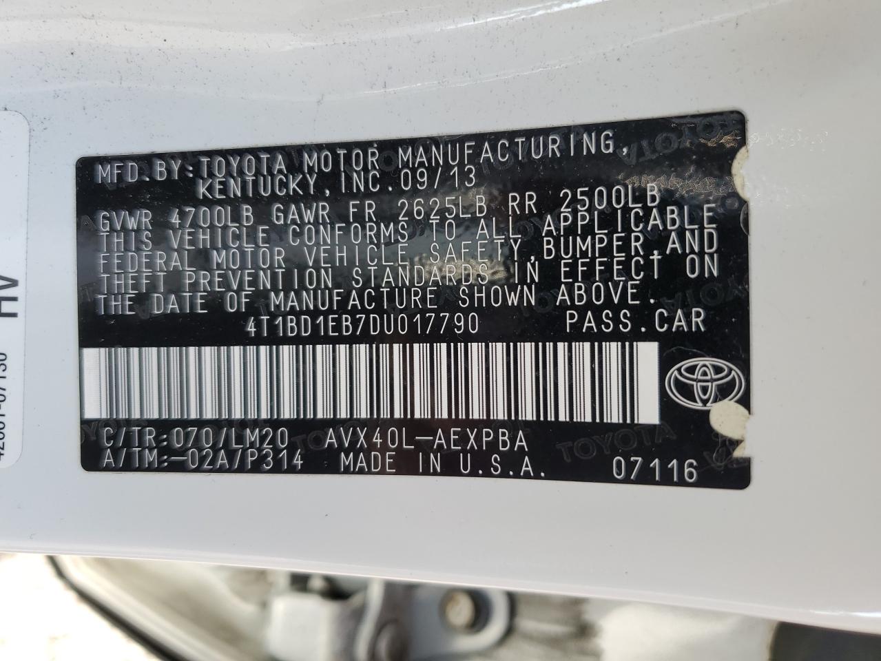 2013 Toyota Avalon Hybrid VIN: 4T1BD1EB7DU017790 Lot: 65032405