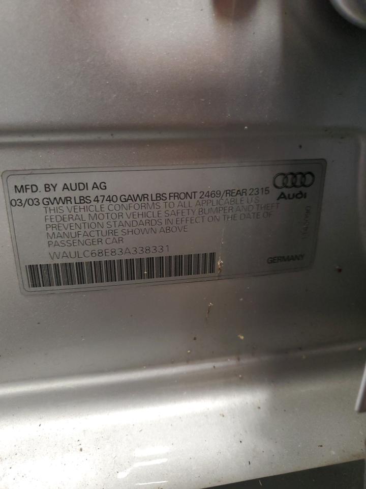 2003 Audi A4 1.8T Quattro VIN: WAULC68E83A338331 Lot: 64796565