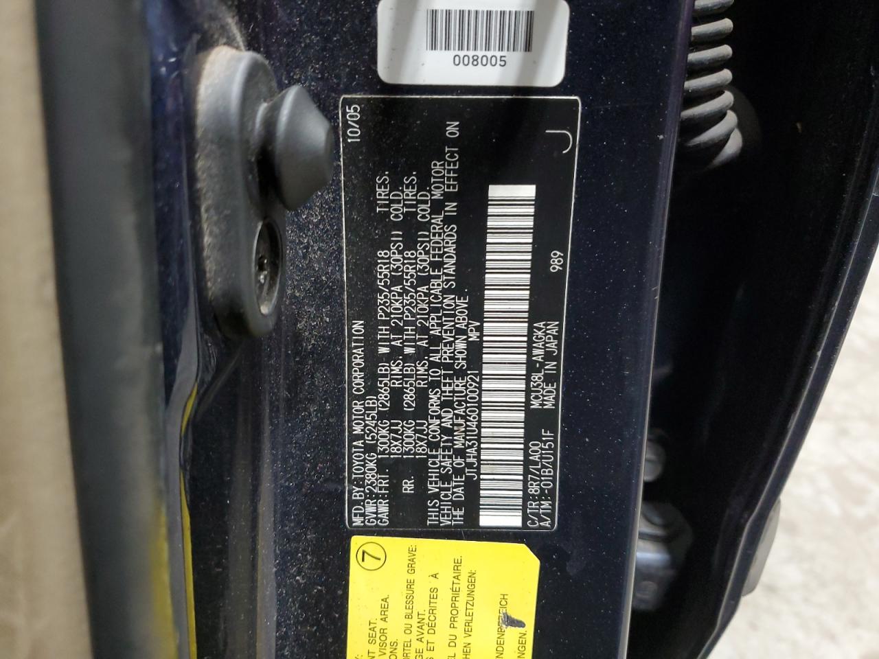2006 Lexus Rx 330 VIN: JTJHA31U460100921 Lot: 64604225