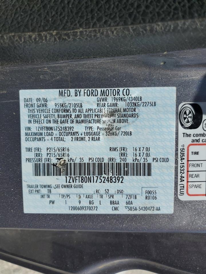 2007 Ford Mustang VIN: 1ZVFT80N175248392 Lot: 63467075
