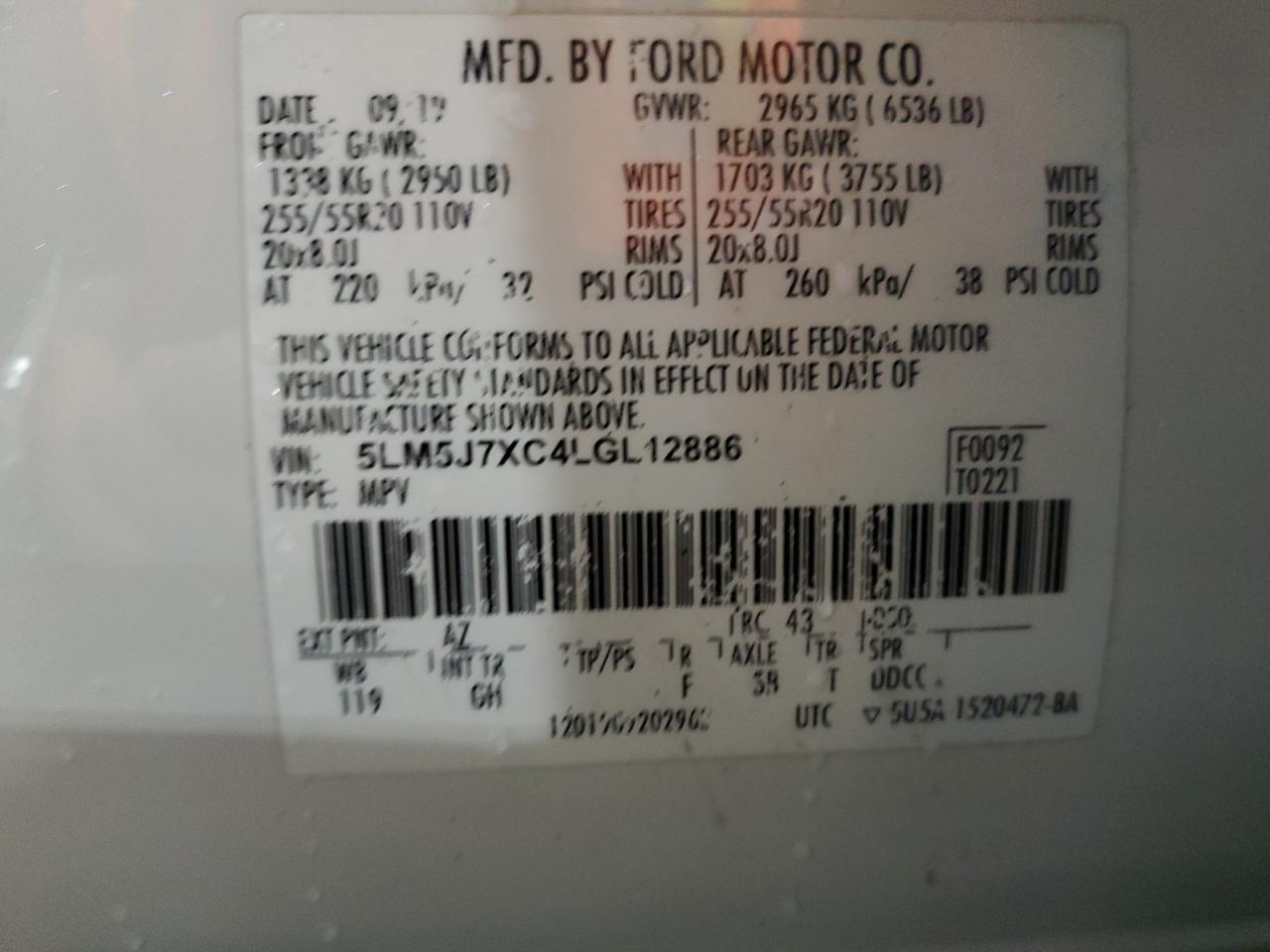 2020 Lincoln Aviator Reserve VIN: 5LM5J7XC4LGL12886 Lot: 67195565