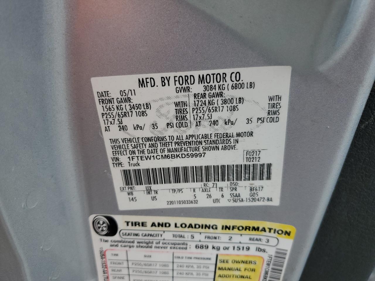 2011 Ford F150 Supercrew VIN: 1FTEW1CM6BKD59997 Lot: 64461125