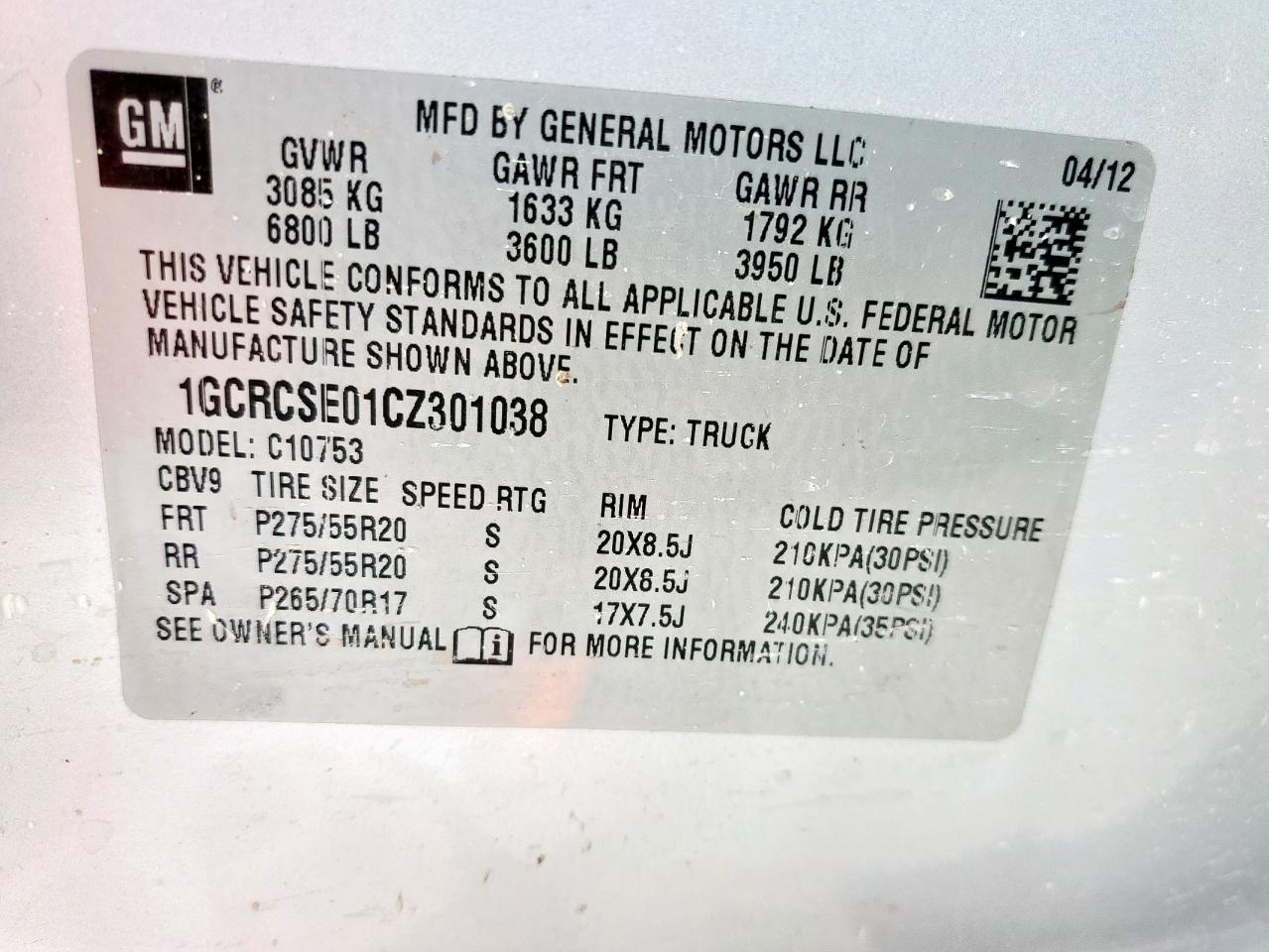 2012 Chevrolet Silverado C1500 Lt VIN: 1GCRCSE01CZ301038 Lot: 64890155