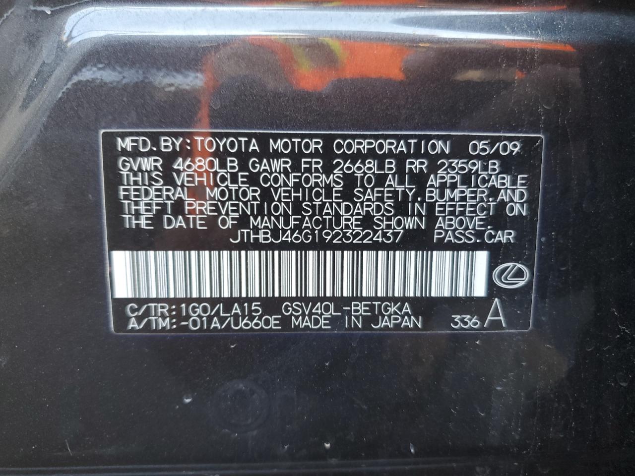 2009 Lexus Es 350 VIN: JTHBJ46G192322437 Lot: 63748685