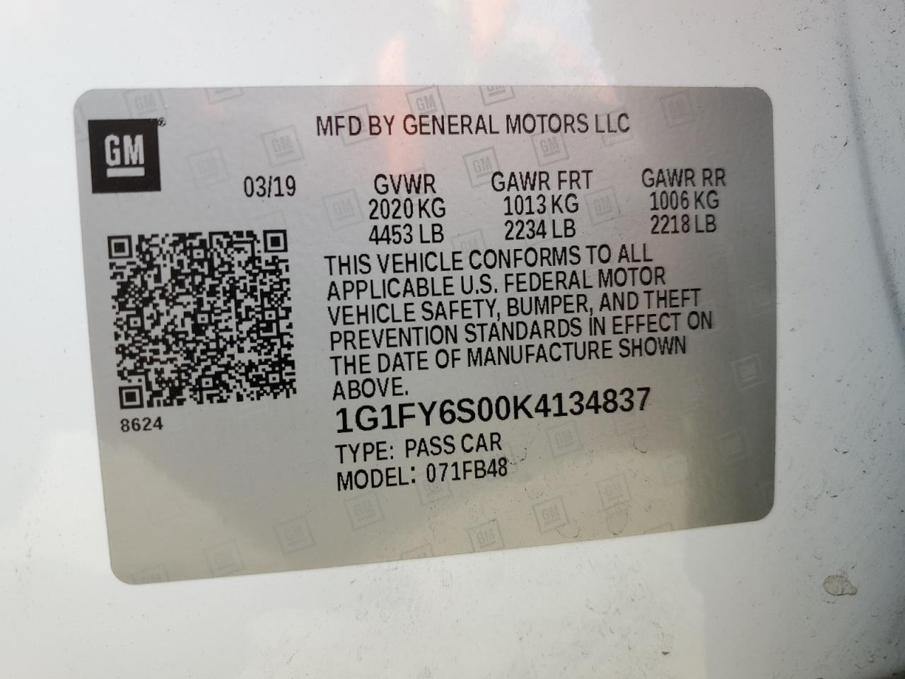 2019 Chevrolet Bolt Ev Lt VIN: 1G1FY6S00K4134837 Lot: 65275115
