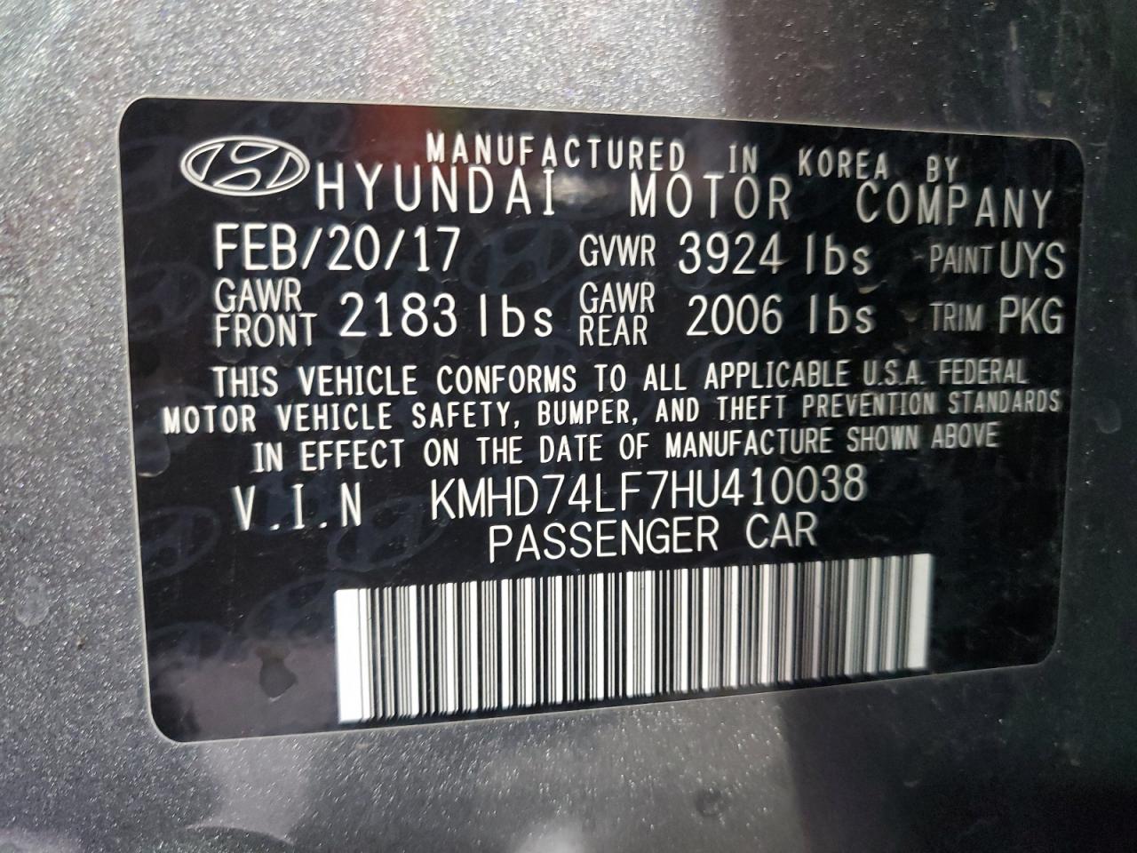 2017 Hyundai Elantra Se VIN: KMHD74LF7HU410038 Lot: 65616715