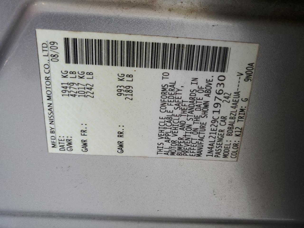 2009 Nissan Altima 2.5 VIN: 1N4AL21E29C197630 Lot: 65597365