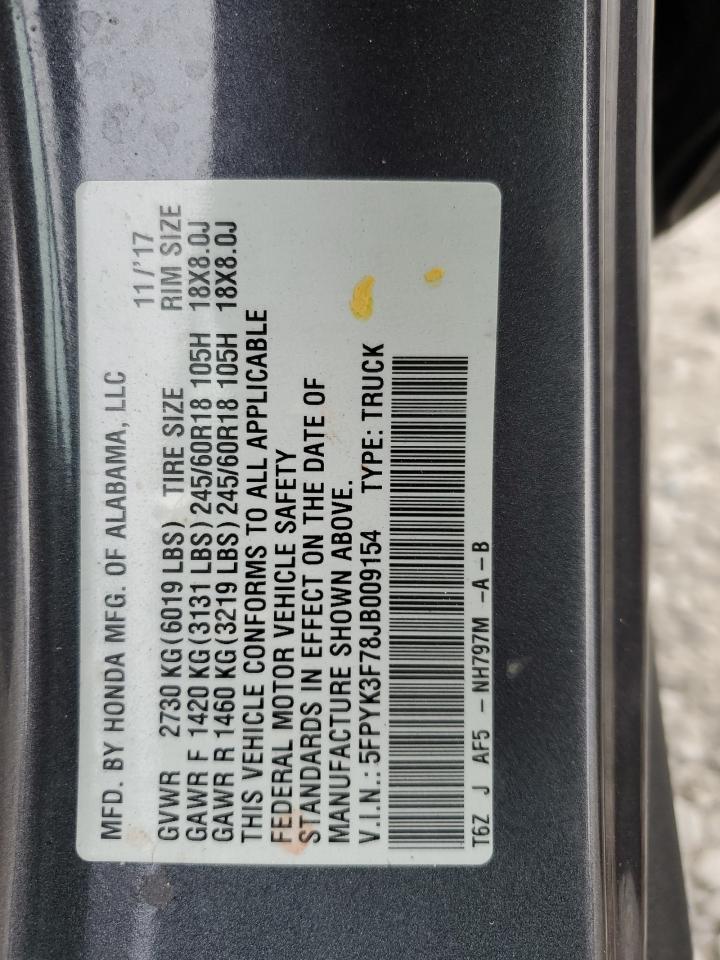 2018 Honda Ridgeline Rtl VIN: 5FPYK3F78JB009154 Lot: 64124655