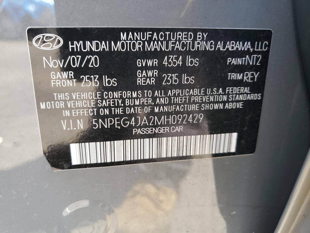 2021 Hyundai Sonata Se VIN: 5NPEG4JA2MH092429 Lot: 63094475