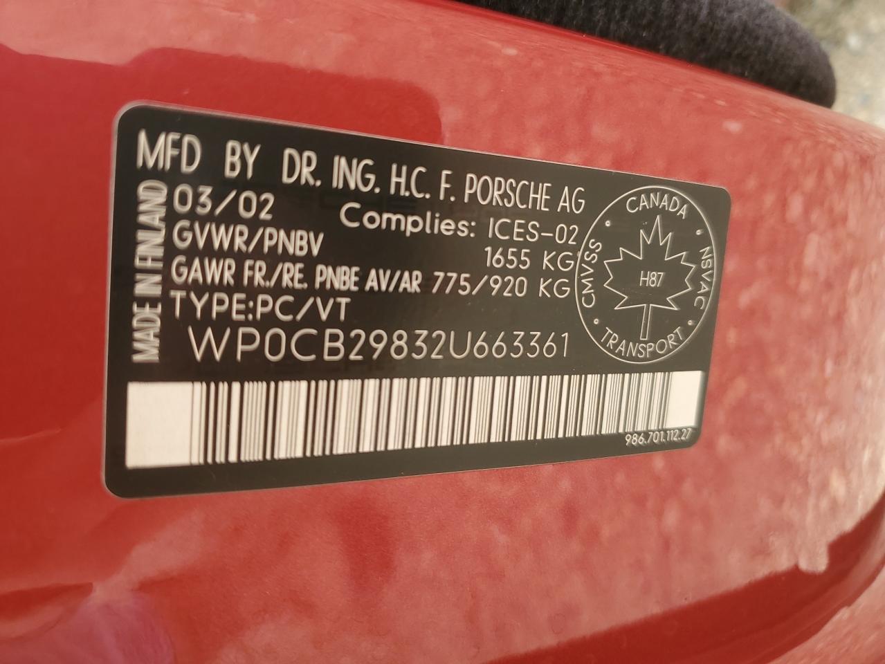 2002 Porsche Boxster S VIN: WP0CB29832U663361 Lot: 64810945