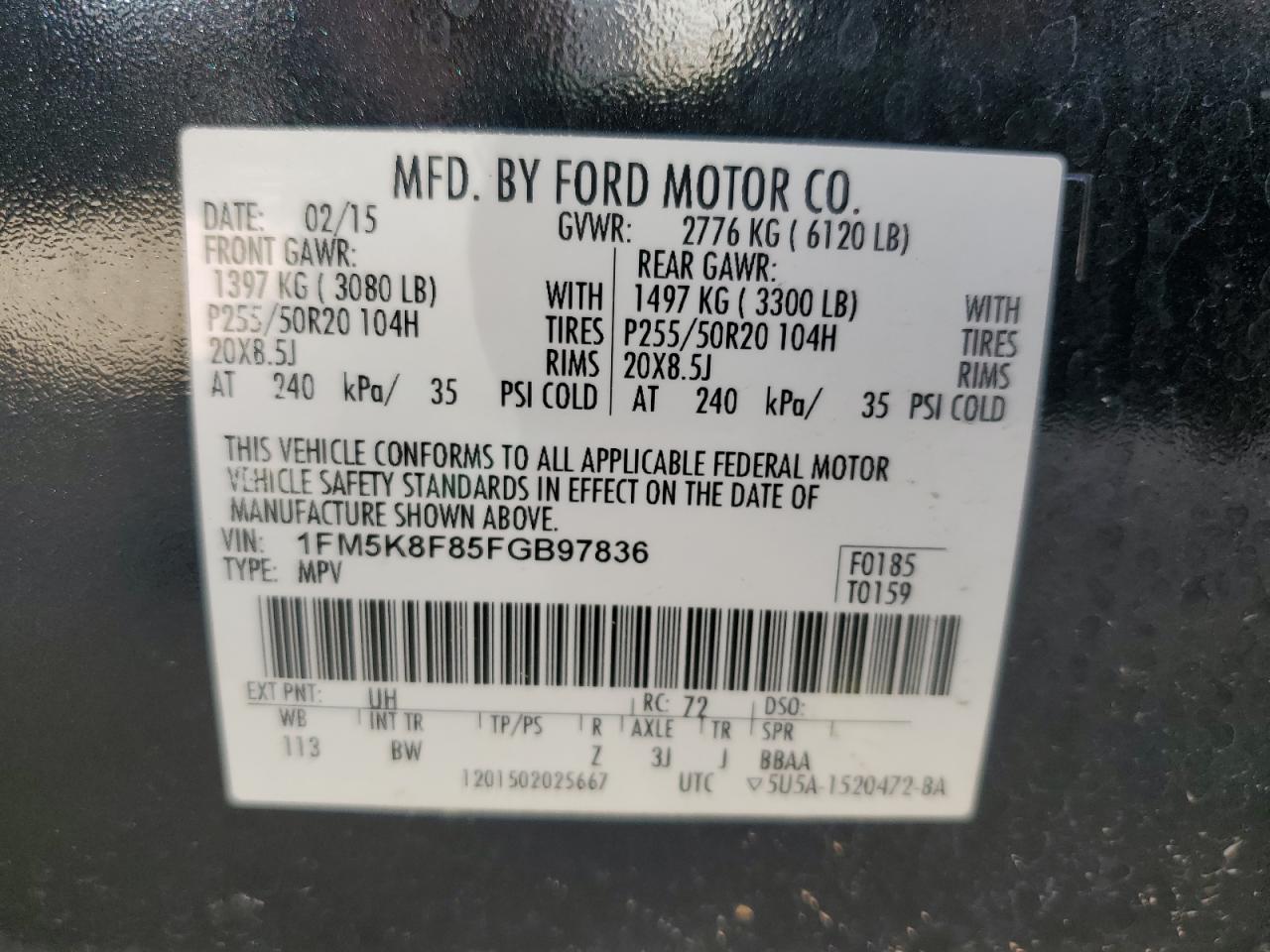 2015 Ford Explorer Limited VIN: 1FM5K8F85FGB97836 Lot: 62880545