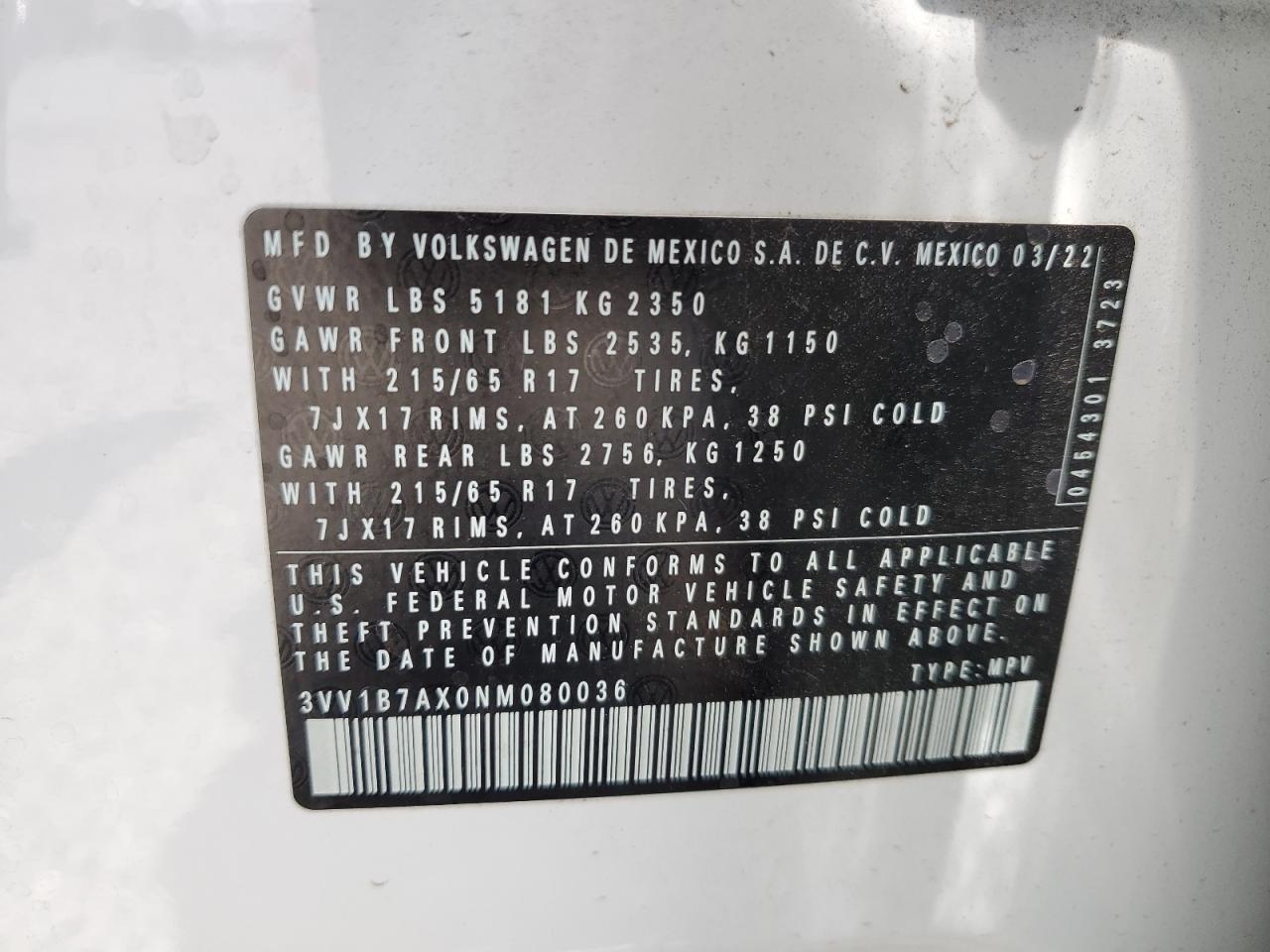 2022 Volkswagen Tiguan S VIN: 3VV1B7AX0NM080036 Lot: 64089765