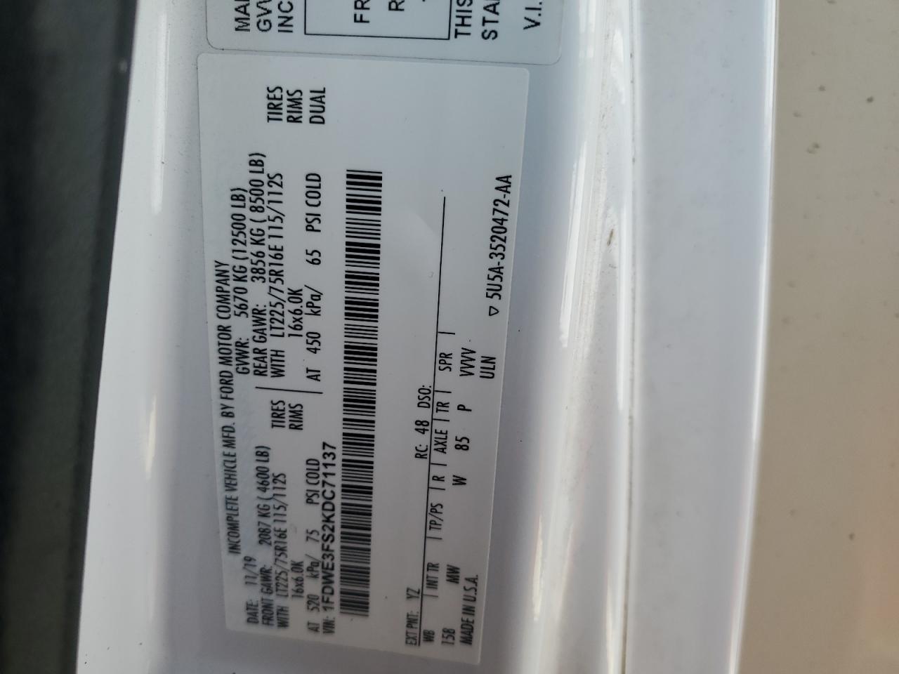 2019 Ford Econoline E350 Super Duty Cutaway Van VIN: 1FDWE3FS2KDC71137 Lot: 62821965