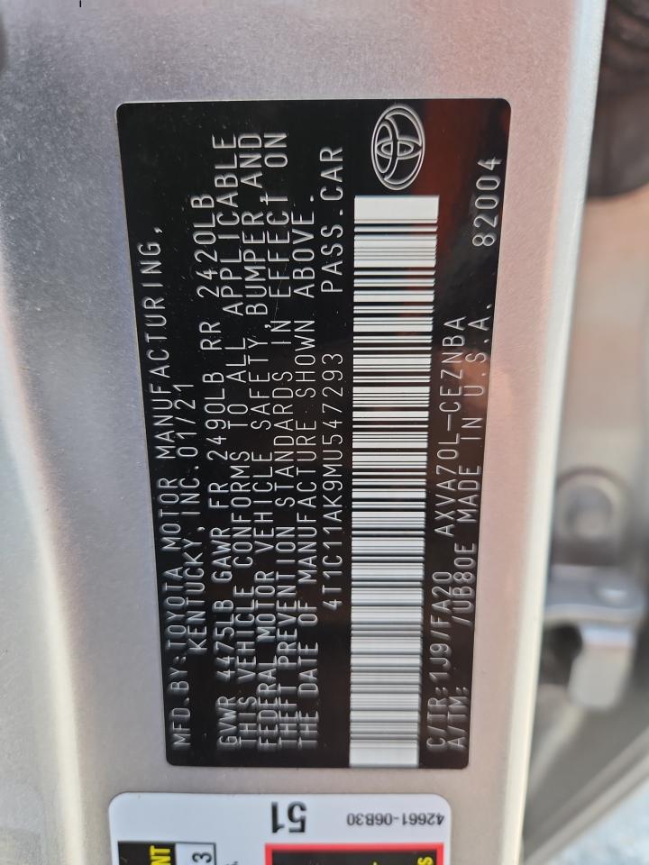 2021 Toyota Camry Le VIN: 4T1C11AK9MU547293 Lot: 64957575
