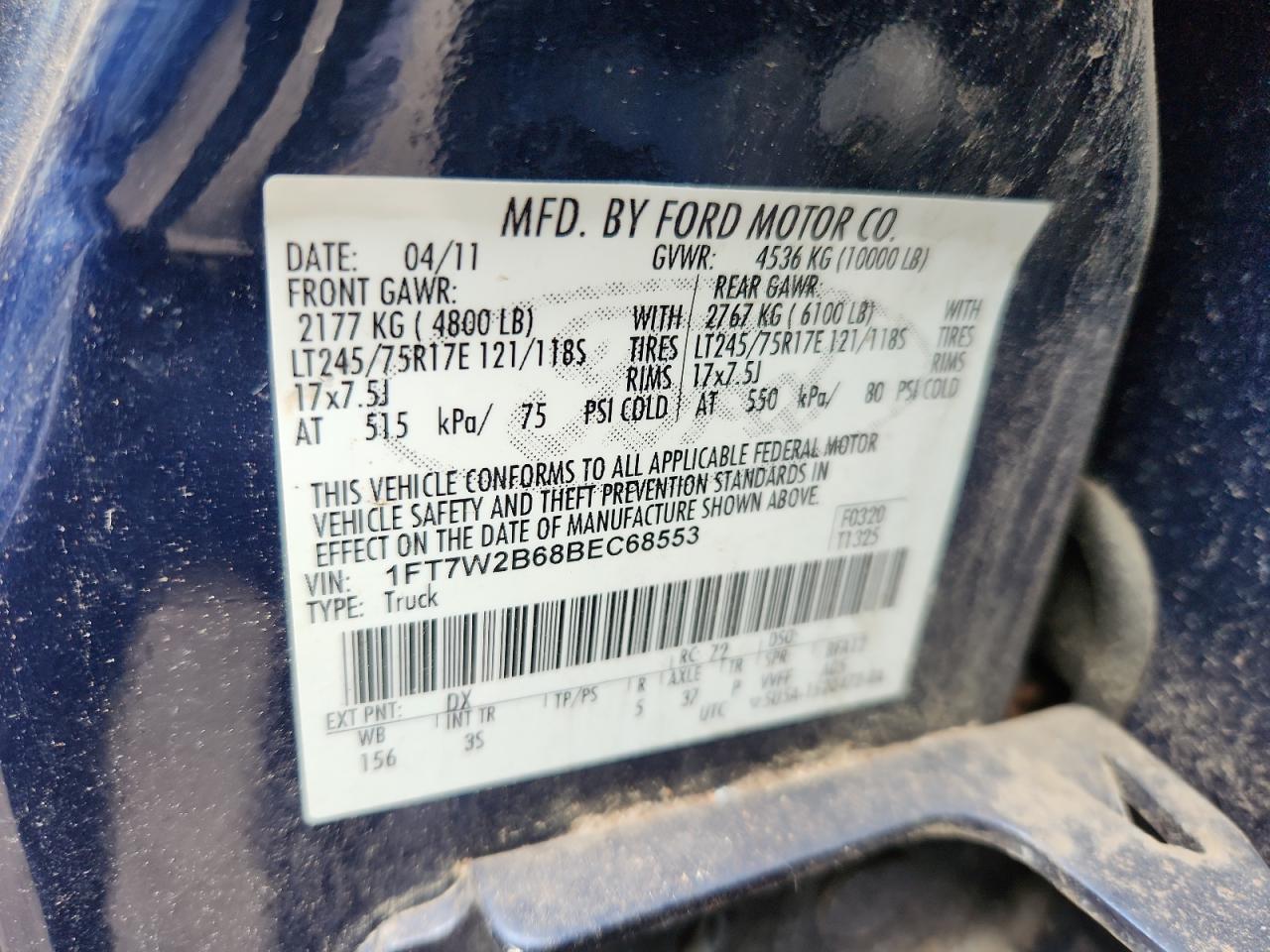 2011 Ford F250 Super Duty VIN: 1FT7W2B68BEC68553 Lot: 62457595
