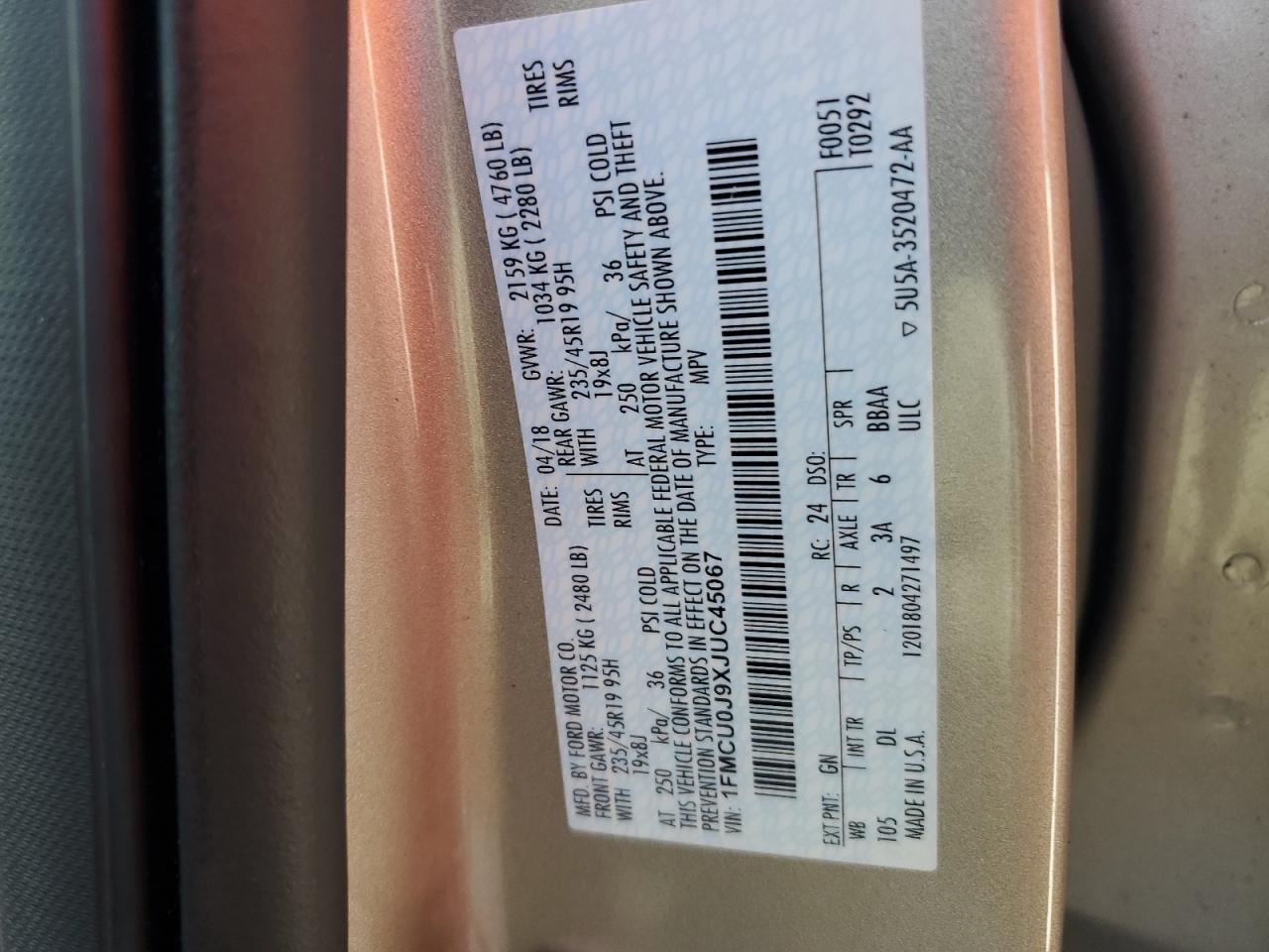 2018 Ford Escape Titanium VIN: 1FMCU0J9XJUC45067 Lot: 65130295
