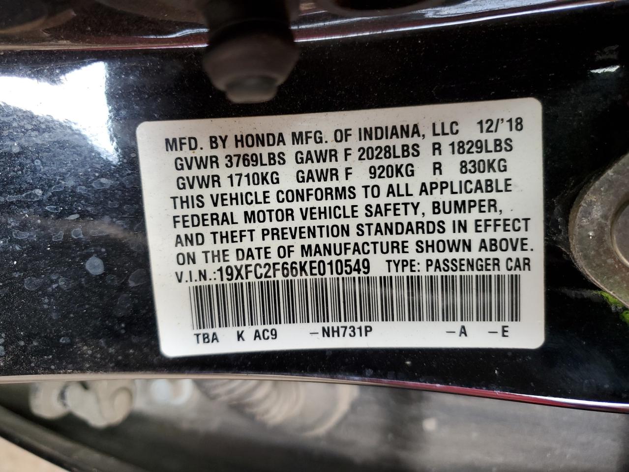 2019 Honda Civic Lx VIN: 19XFC2F66KE010549 Lot: 65029455
