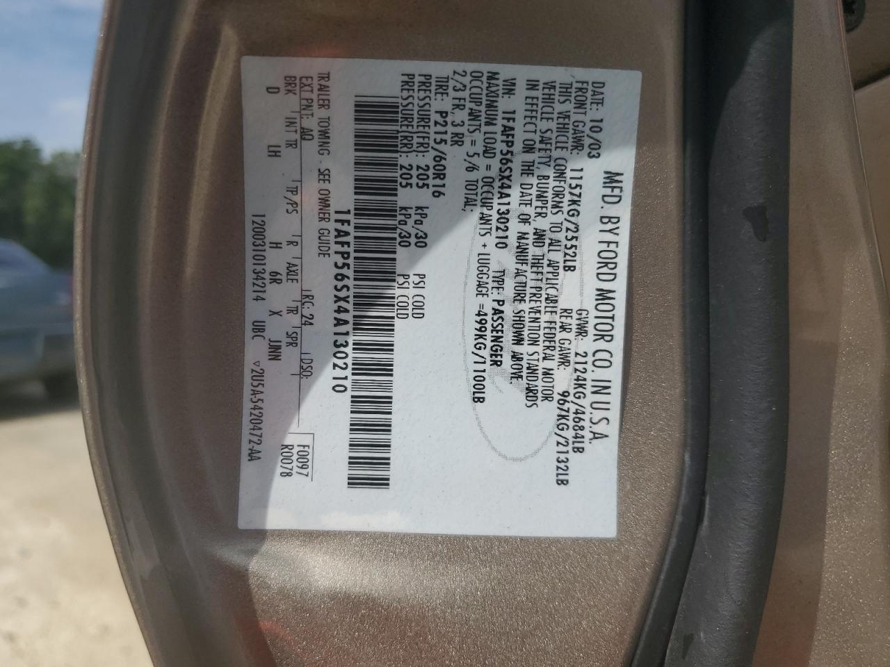 2004 Ford Taurus Sel VIN: 1FAFP56SX4A130210 Lot: 64577975
