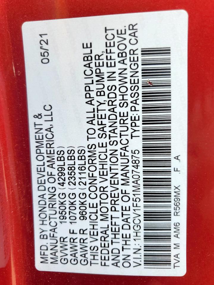 2021 Honda Accord Exl VIN: 1HGCV1F51MA074875 Lot: 64081875