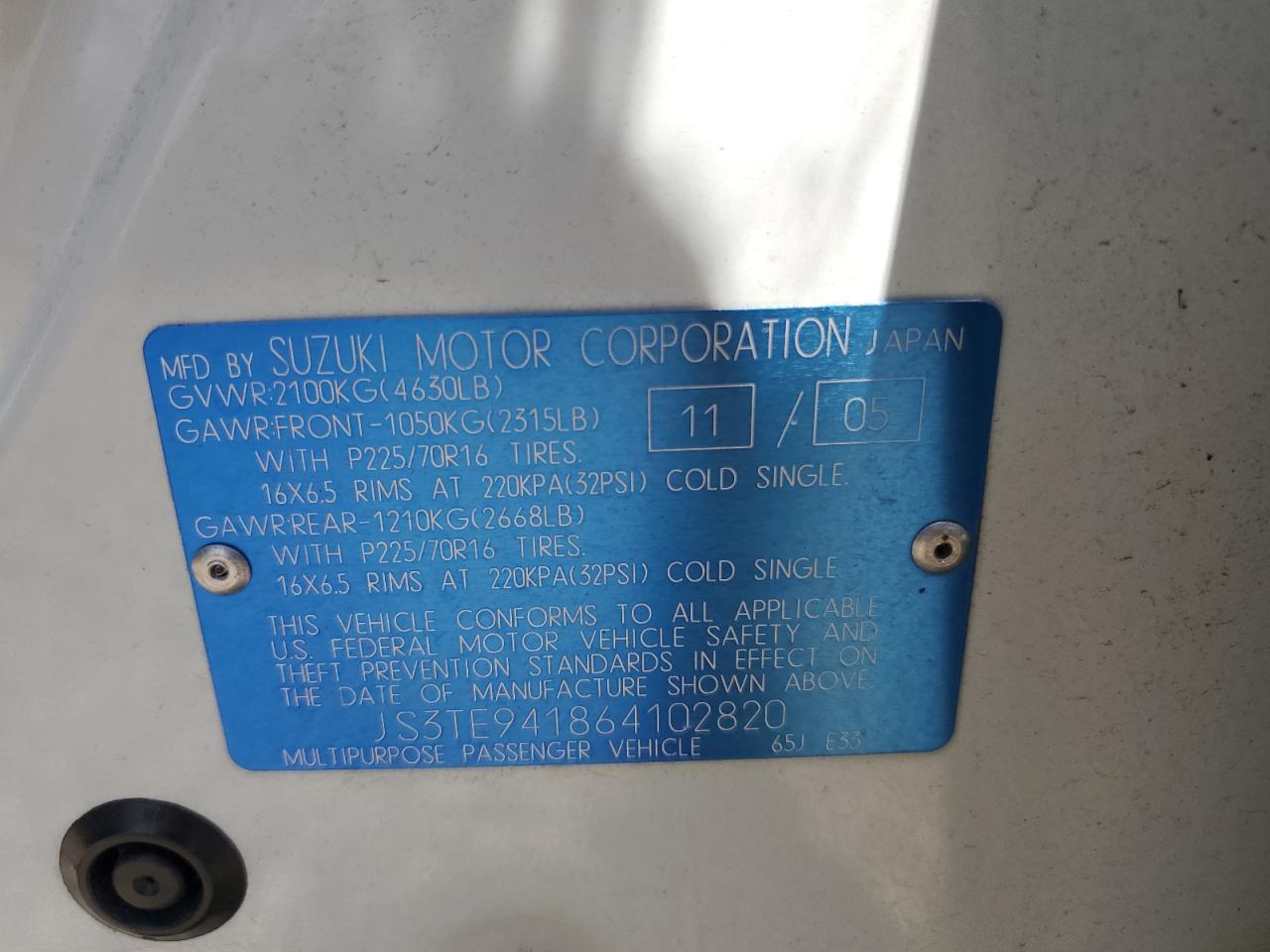js3te941864102820 JS3TE941864102820 2006 Suzuki Grand Vitara