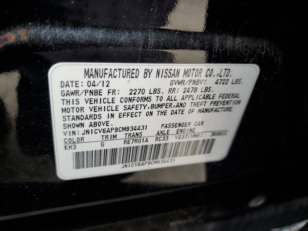 2012 Infiniti G37 Base VIN: JN1CV6AP9CM934431 Lot: 65245485