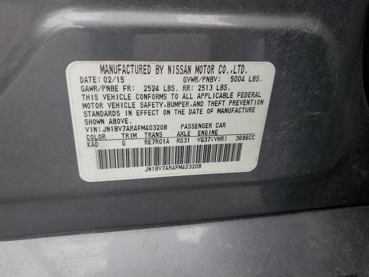 2015 Infiniti Q50 Base VIN: JN1BV7AR4FM403208 Lot: 64612185