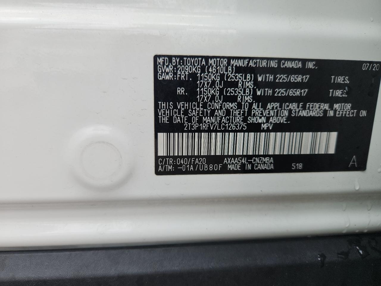 2020 Toyota Rav4 Xle VIN: 2T3P1RFV7LC126375 Lot: 65236515