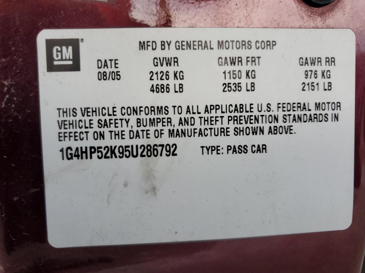 2005 Buick Lesabre Custom VIN: 1G4HP52K95U286792 Lot: 64111565
