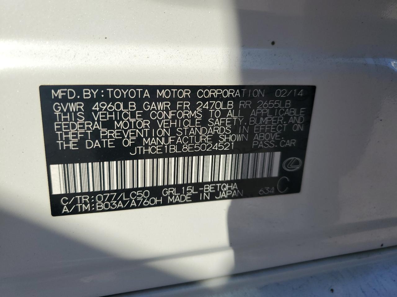 2014 Lexus Gs 350 VIN: JTHCE1BL8E5024521 Lot: 63026585