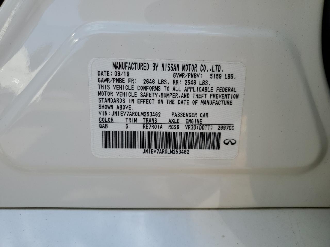 2020 Infiniti Q50 Pure VIN: JN1EV7AR0LM253462 Lot: 64016965