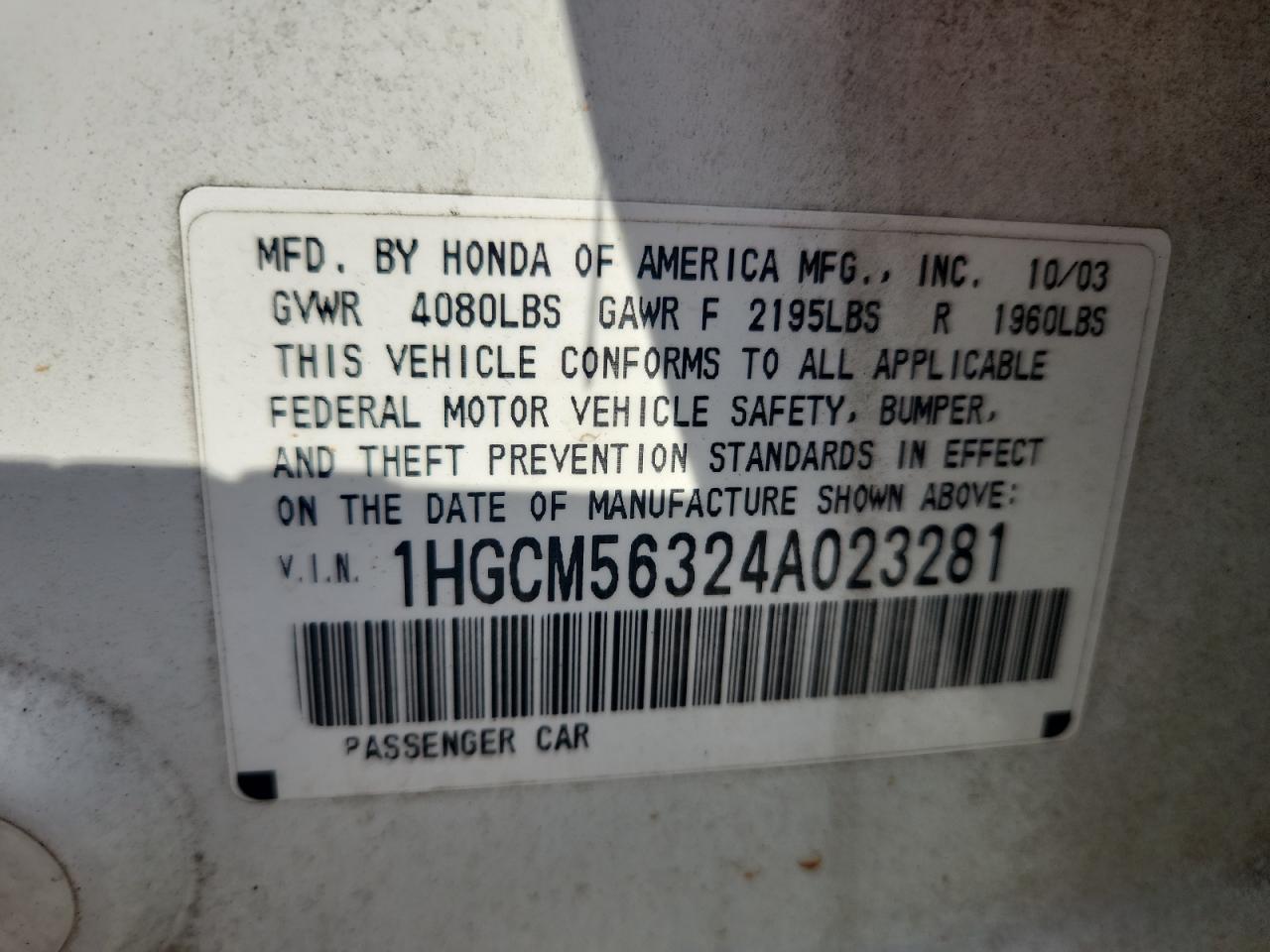 2004 Honda Accord Lx VIN: 1HGCM56324A023281 Lot: 64958595
