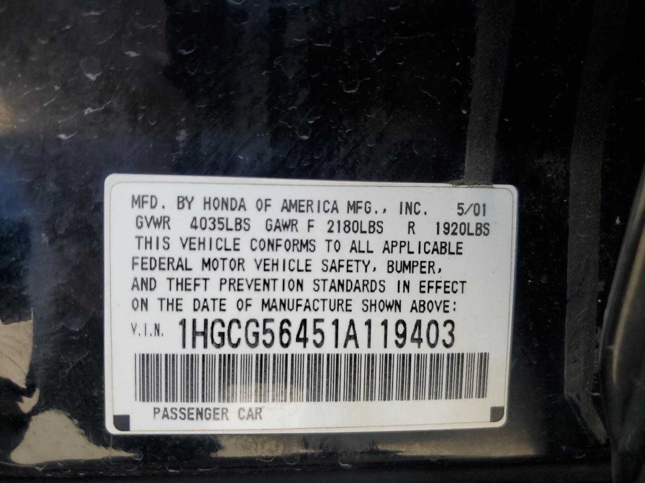 2001 Honda Accord Lx VIN: 1HGCG56451A119403 Lot: 64699245