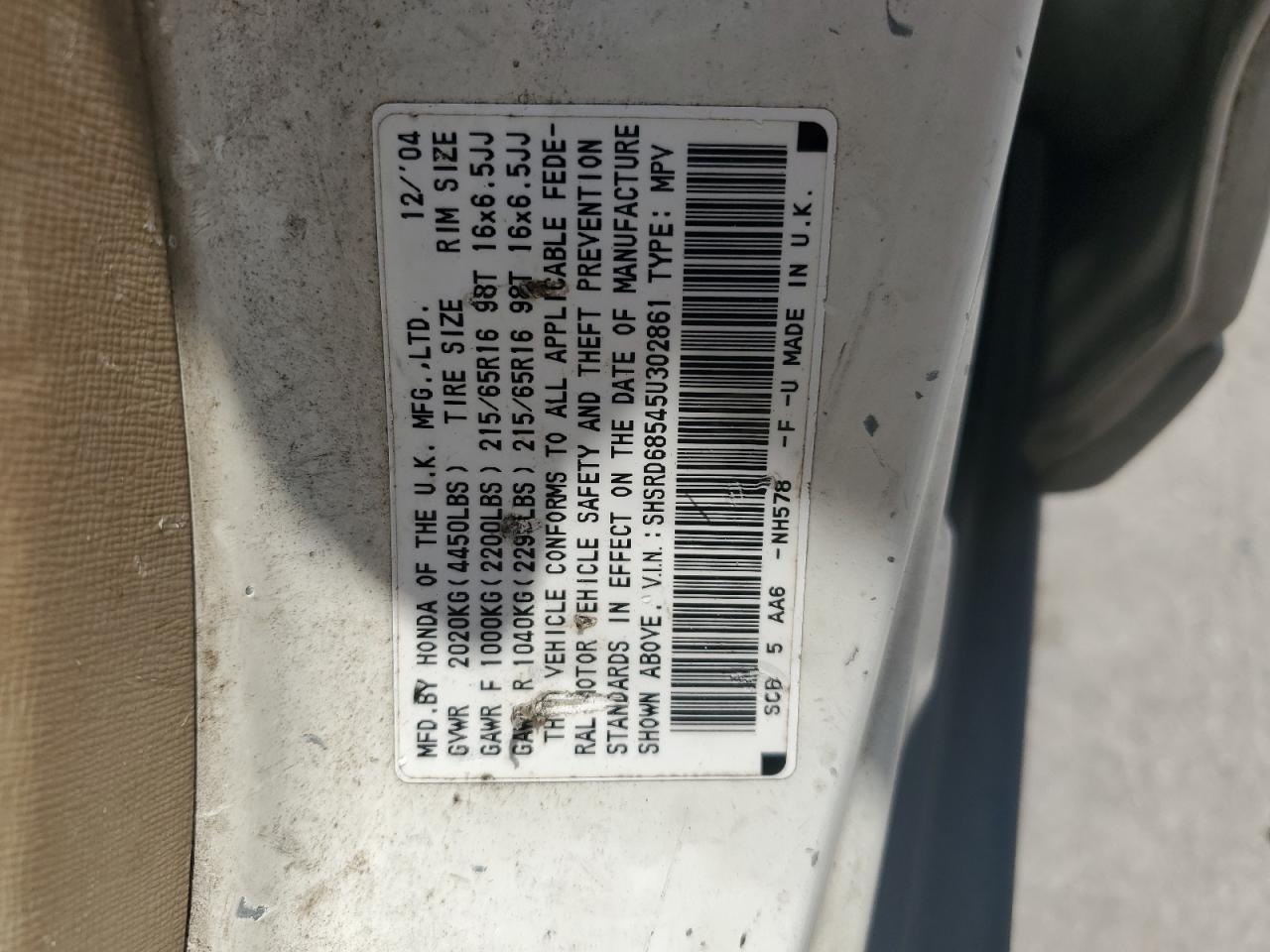 2005 Honda Cr-V Lx VIN: SHSRD68545U302861 Lot: 63640115