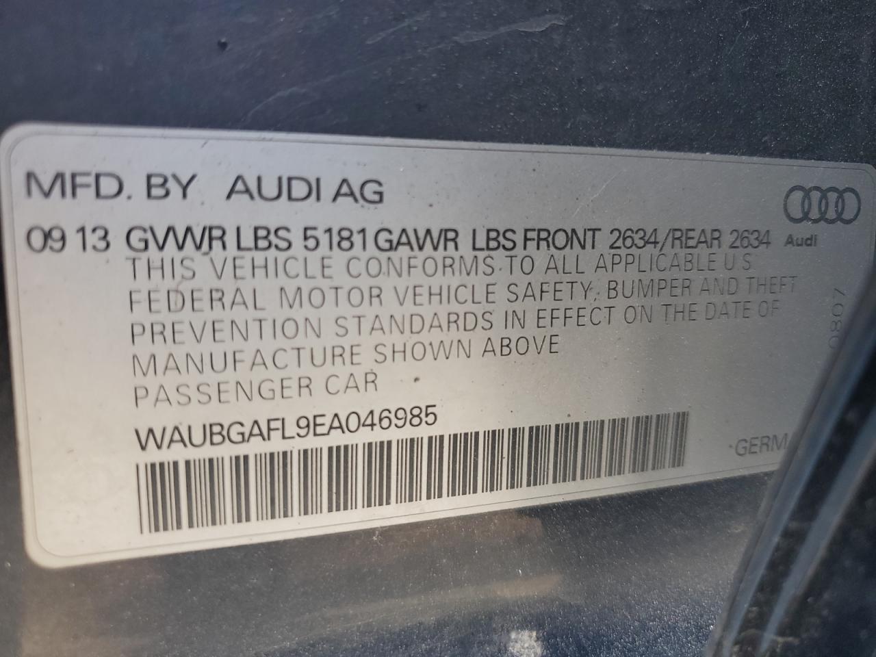2014 Audi S4 Premium Plus VIN: WAUBGAFL9EA046985 Lot: 62643535
