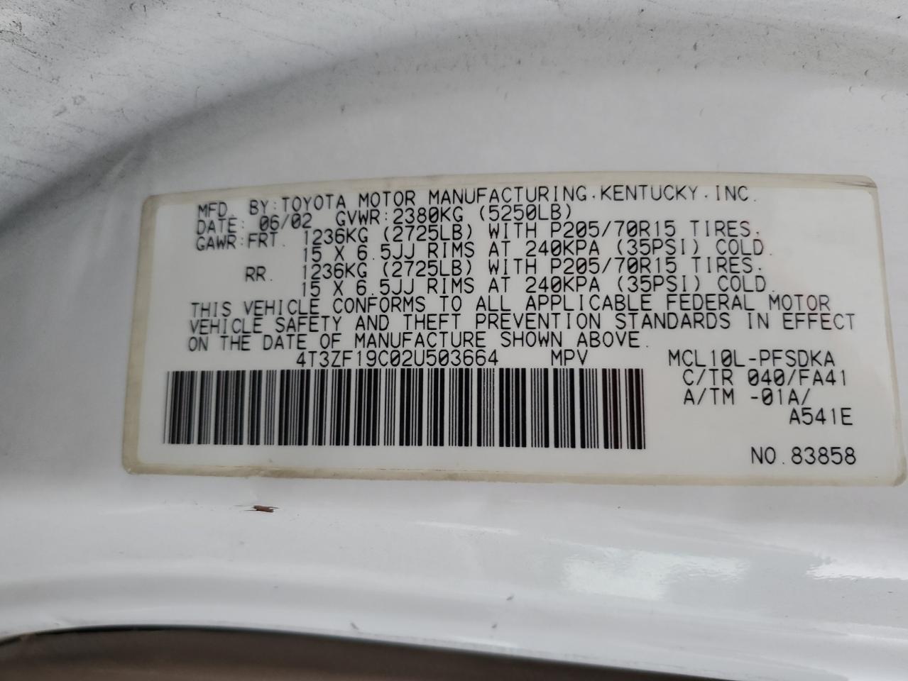4t3zf19c02u503664 4T3ZF19C02U503664 2002 Toyota Sienna Ce