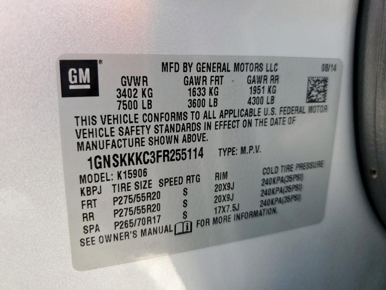 1gnskkkc3fr255114 1GNSKKKC3FR255114 2015 Chevrolet Suburban K1500 Ltz