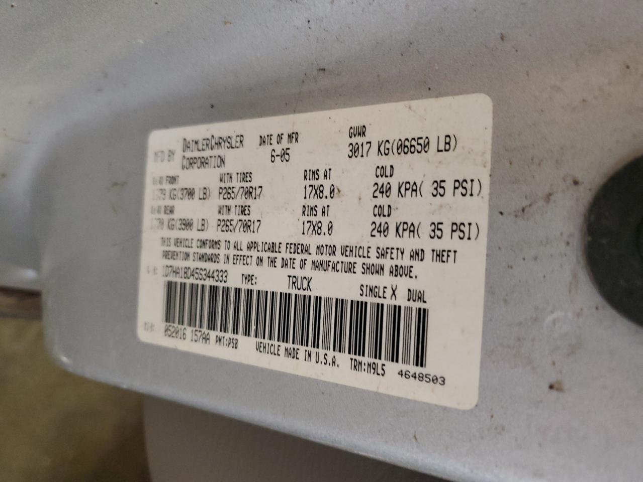 2005 Dodge Ram 1500 St VIN: 1D7HA18D45S344333 Lot: 64178595