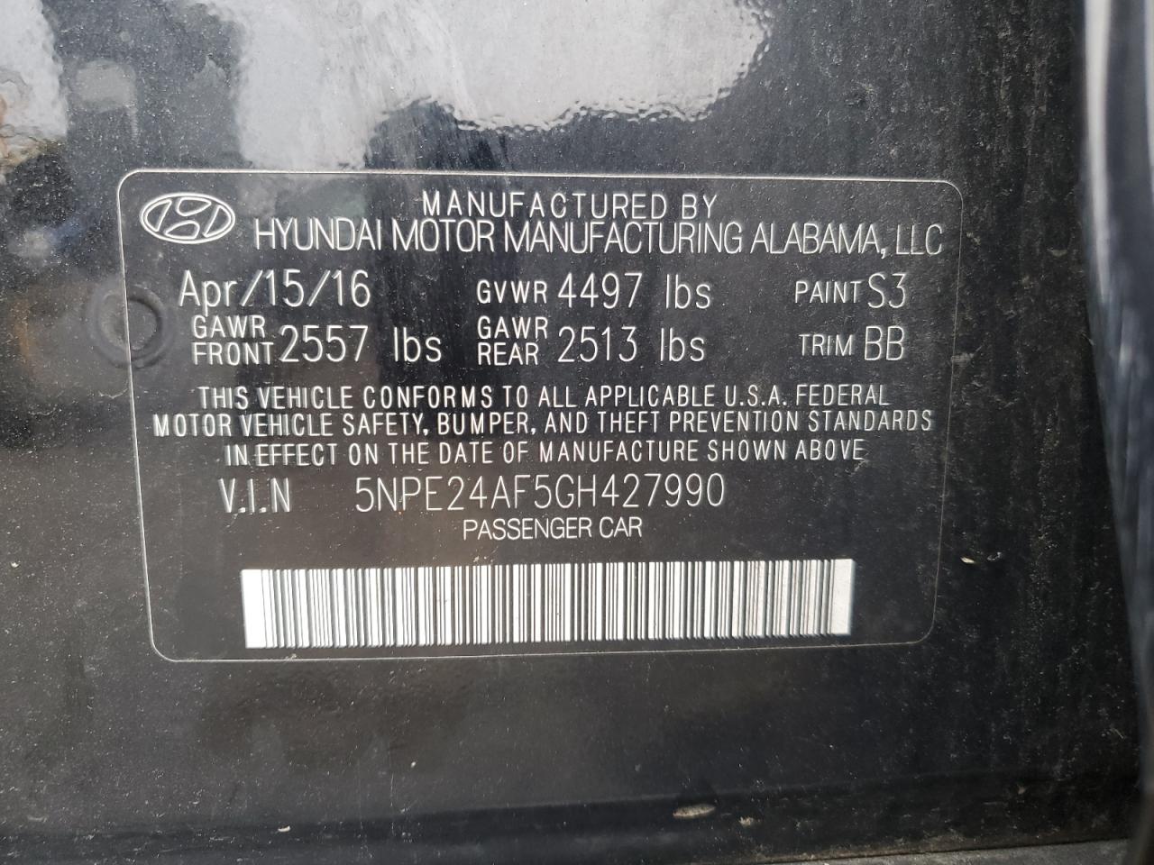 2016 Hyundai Sonata Se VIN: 5NPE24AF5GH427990 Lot: 63667375