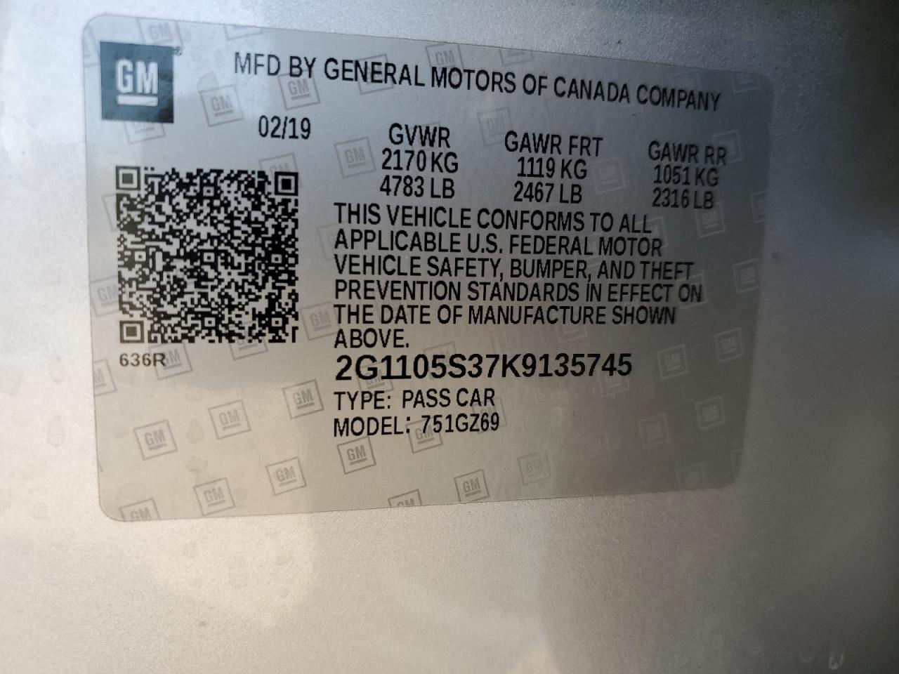 2019 Chevrolet Impala Premier VIN: 2G1105S37K9135745 Lot: 64399605