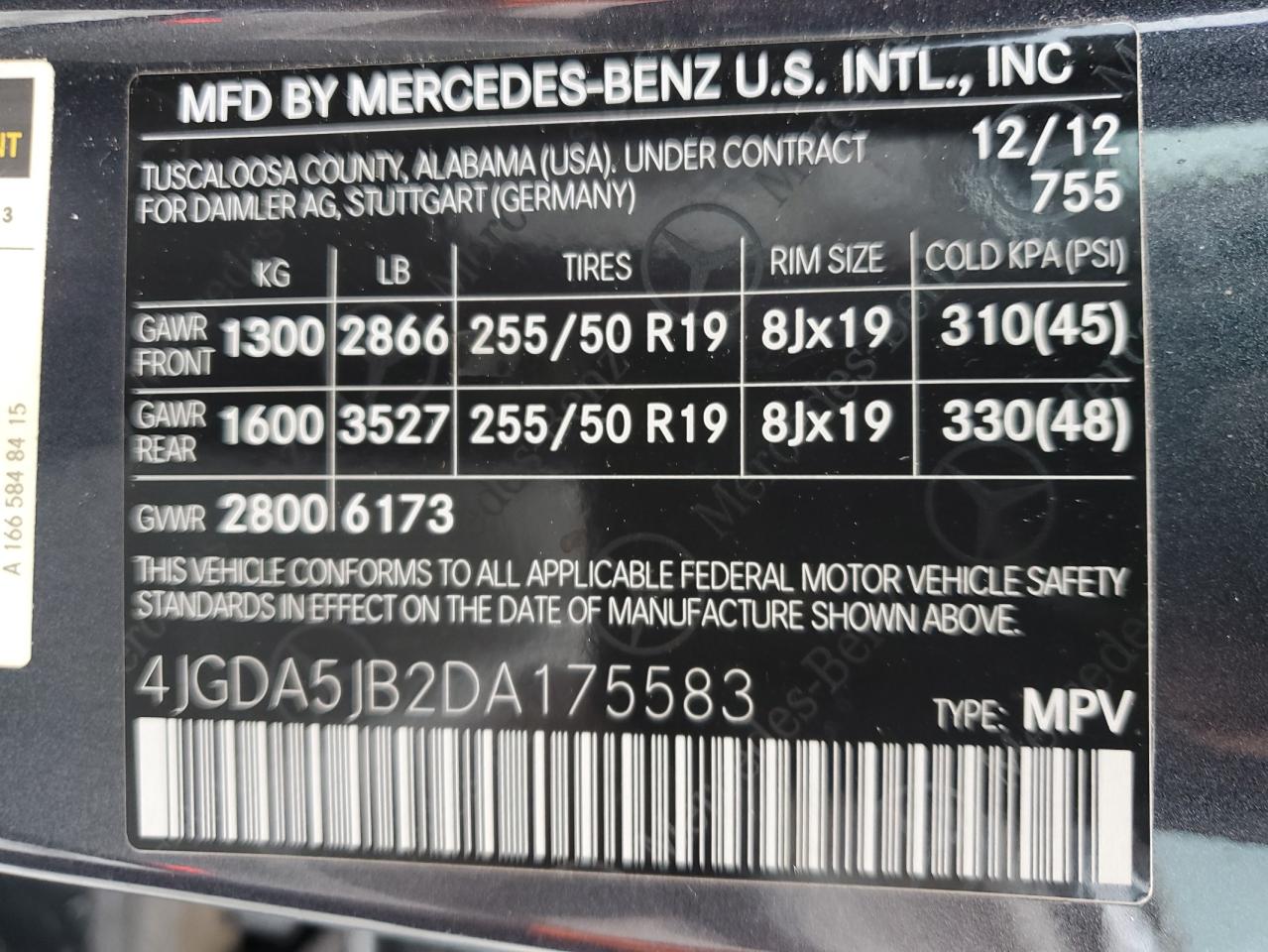 2013 Mercedes-Benz Ml 350 VIN: 4JGDA5JB2DA175583 Lot: 61839425