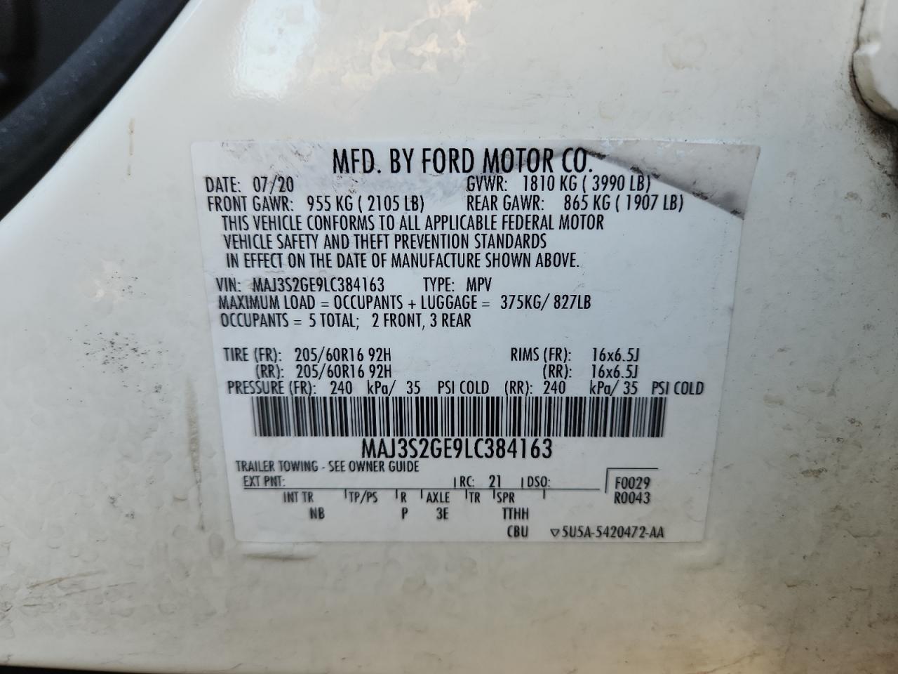 2020 Ford Ecosport Se VIN: MAJ3S2GE9LC384163 Lot: 65356405