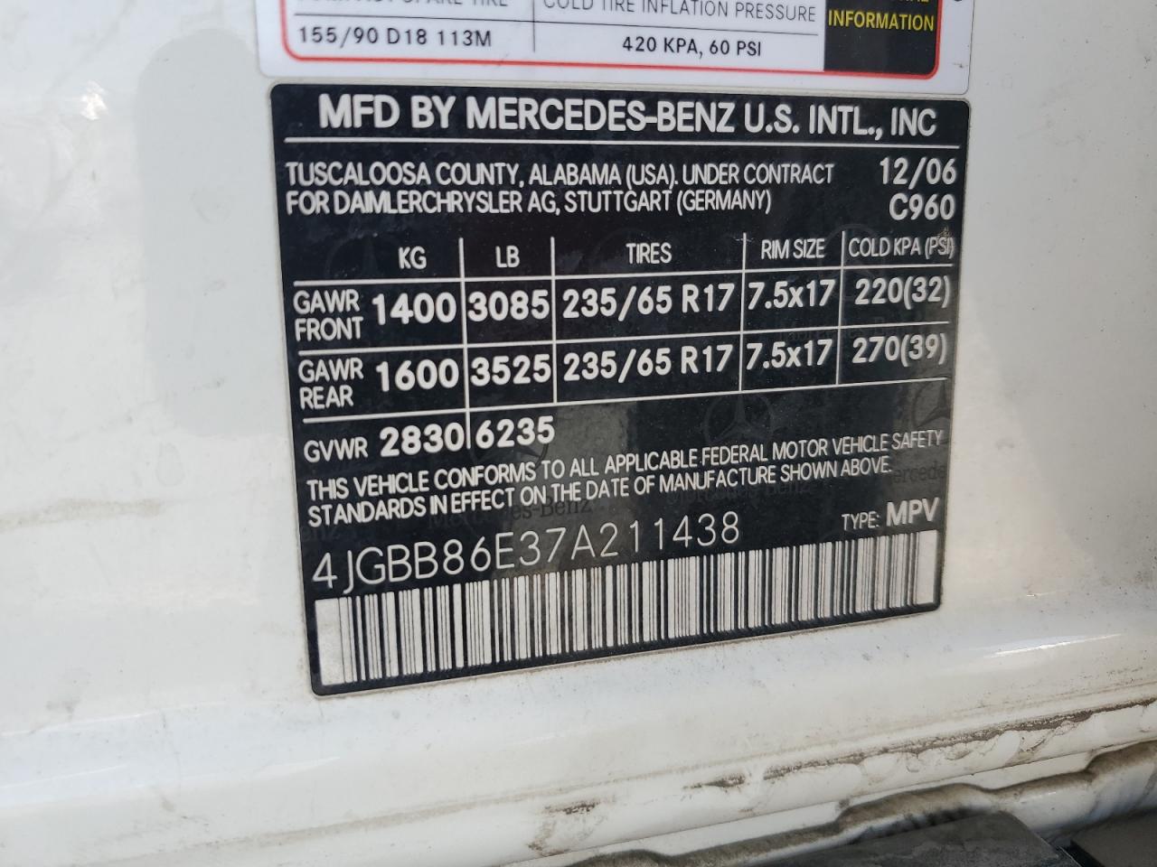 2007 Mercedes-Benz Ml 350 VIN: 4JGBB86E37A211438 Lot: 64013595