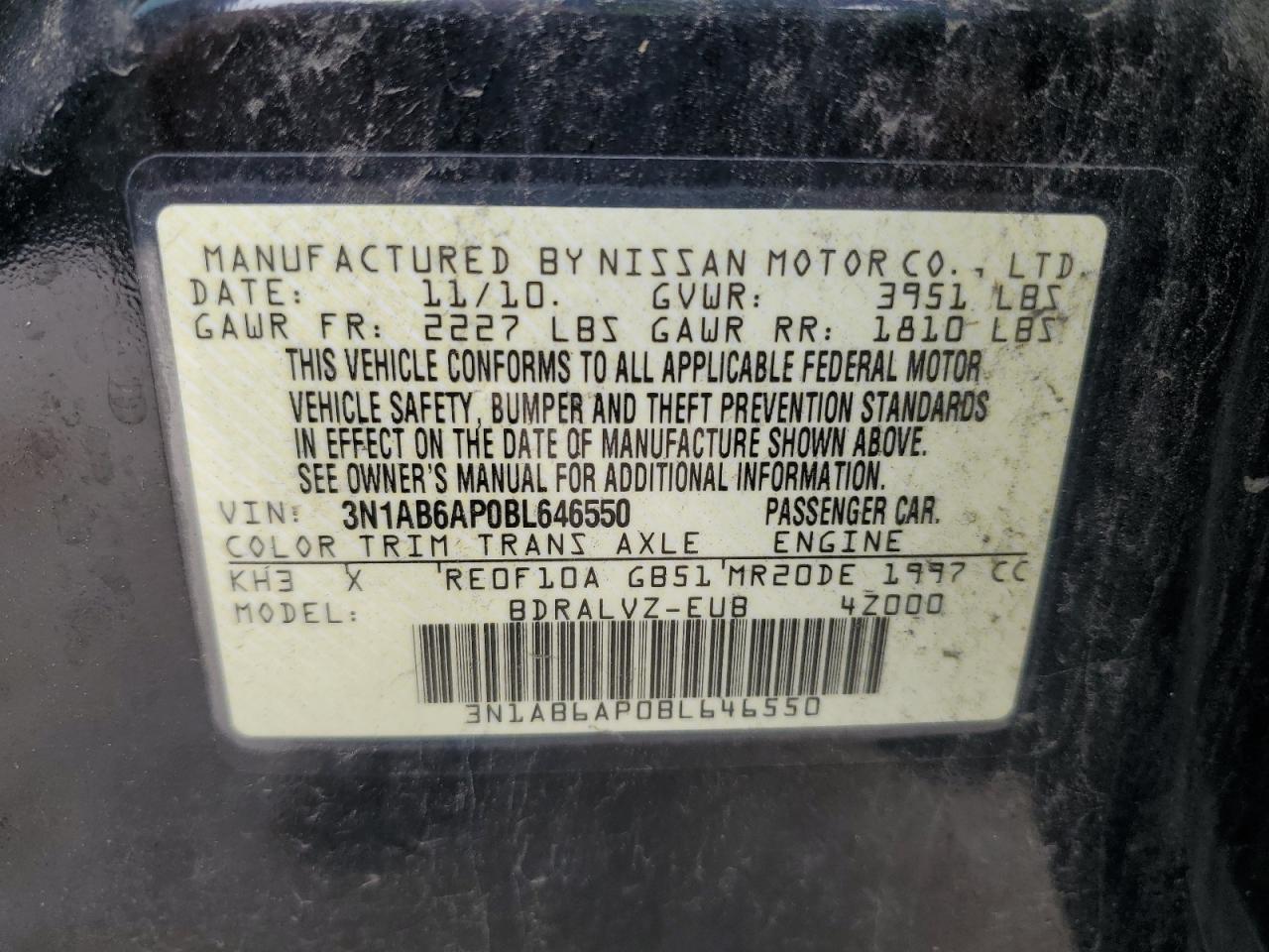 2011 Nissan Sentra 2.0 VIN: 3N1AB6AP0BL646550 Lot: 65463475